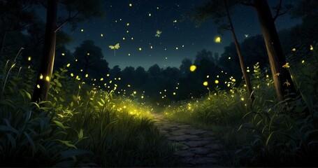 Illustrate a scene where fireflies leave trails of light across a dark sky. Emphasize the ultra-realistic details of the firefly glow, showcasing the intricate patterns -AI Generative - obrazy, fototapety, plakaty