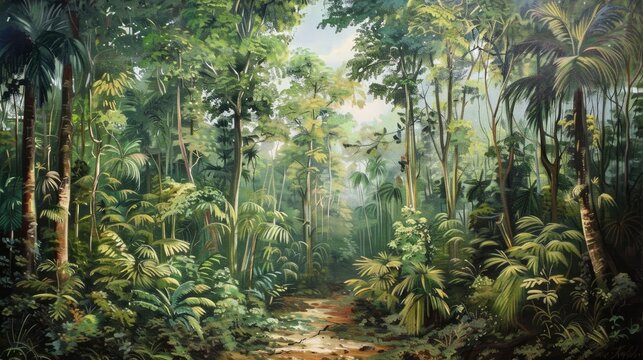 An Outstanding Painting Capturing the Rich Diversity of a Tropical Forest, with Lush Trees and Bushes in Abundance.