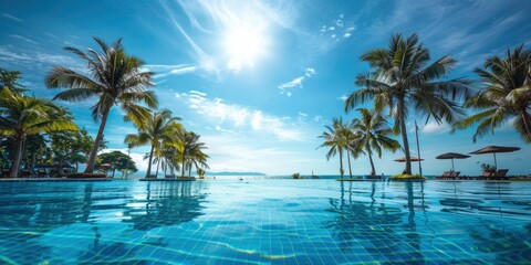 Fototapeta na wymiar Tropical Paradise. Island Palm Trees, Swimming Pools, and Sunshine on a Perfect Sunny Day.