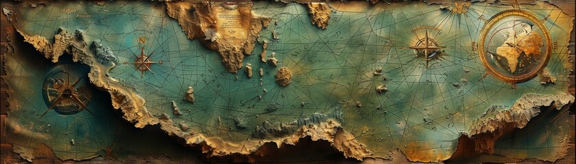 Reimagined vintage maps unveil mystical symbols and uncharted territories with fantasy elements. - obrazy, fototapety, plakaty