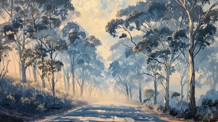 The Great Ocean Road, Victoria, Australia, enveloped in a thick morning fog, mysterious silhouettes of eucalyptus trees lining the road