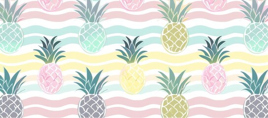 Retro Wave Revival. Pastel-Colored Design Infused with 60's Style Retro Pineapples, Set Against a Clean White Background.