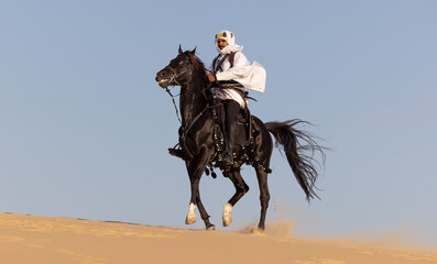 Rider in the desert of Saudi Arabia with his back stallion