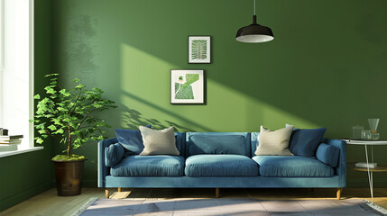 Sofa azul de diseño en interior de salon moderno de color verde. Habitación en hogar con decoración minimalista.