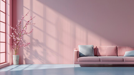 Un salón de casa minimalista con una pared rosa lisa y un sofá rosa en interior. El sofá está cubierto de cojines y tiene un jarrón con flores rosas. La habitación es luminosa y espaciosa. - obrazy, fototapety, plakaty