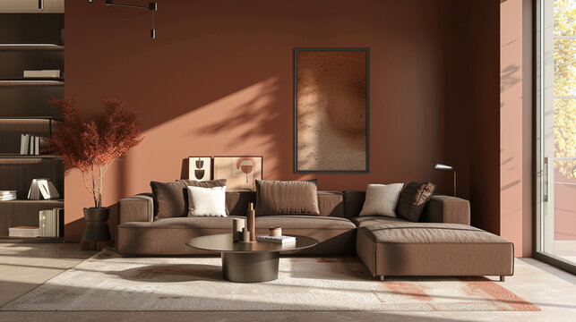 Salon moderno de dise&ntilde;o en interior con sofa grande y colores marrones, en la pared cuadro grande en vertical. 