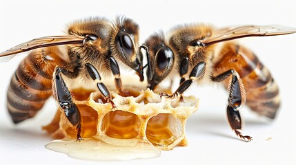 Close-up of honey bees at work on golden honeycomb, gathering nectar for honey production. - obrazy, fototapety, plakaty