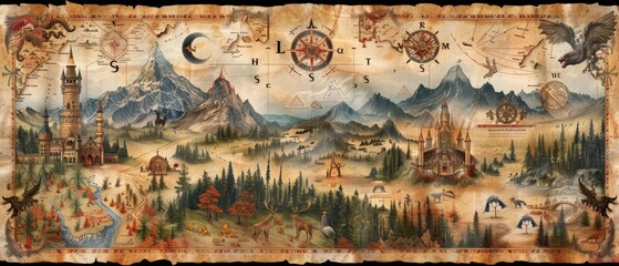 Vintage maps display fantasy creatures, mystical symbols, and magical forests, creating a mystical world.