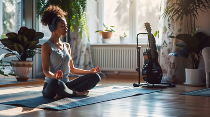 healthy beautiful women in sport wear doing yoga the namaste pose at cozy house in the morning wearing headphone listen to music.. - obrazy, fototapety, plakaty