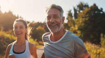 Healthy couple jogging in the moring with beautiful surroundings . Healthy lifestyles . - obrazy, fototapety, plakaty