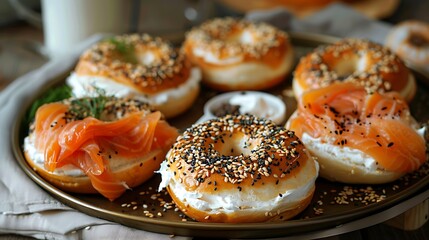 A tray of freshly baked bagels served with cream cheese and smoked salmon