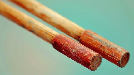  a close up of a pair of chopsticks on a blue and green background with a blurry image of a pair of chopsticks in the foreground.