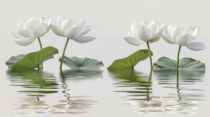  a group of white flowers floating on top of a lake next to a leafy green plant in the middle of the water.