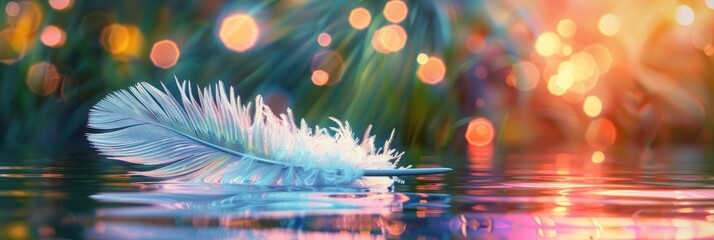 Tranquil Reflections, White Feather Mirrored in Rippling Water, Set Against a Verdant Green Background with Bokeh Accents.