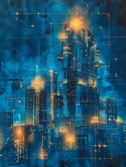 Fototapeta premium Futuristic tech-infused city plans blend cyberpunk vibes with a retro-futuristic touch in architectural blueprints.