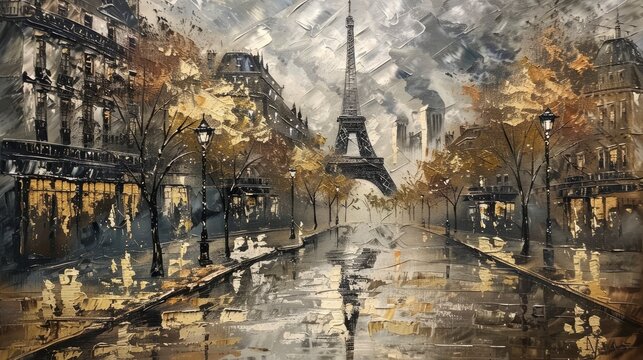 Parisian Noir, Moody Rainy Day in Vintage Style, Captured in an Oil Painting with Rich Gold and Silver Tones, Evoking the Timeless Elegance of the City of Light.