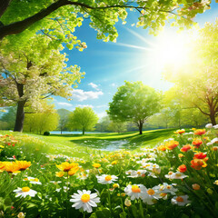 beautiful landscape in spring with bright sun flowers and trees