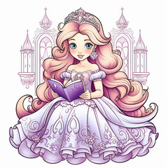 digital illustration of cute princess wearing purple dress and crown, holding a book with castle property, suitable for children book and print art