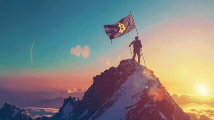 A mountaineer climb to the top of mountain with a flag of bitcoin cryptocurrency - obrazy, fototapety, plakaty