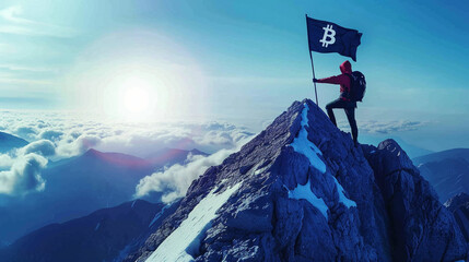 A mountaineer climb to the top of mountain with a flag of bitcoin cryptocurrency - obrazy, fototapety, plakaty