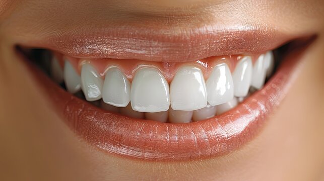 Close-up image of a smiling woman showing healthy white teeth, reflecting dental care and happiness.