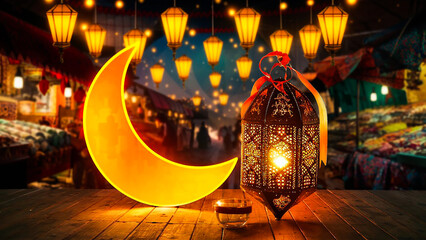 A stunning, vibrant photo of a Ramadan Kareem scene with a crescent moon and a beautifully illuminated lantern in the foreground