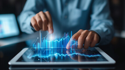 Businessman using tablet analyzing sales data and economic growth graph chart