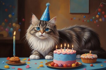 the cat's birthday. cake, balloons. for postcards, greetings