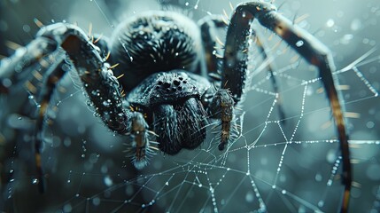 A detailed view of an orb-weaver spider centered on its delicate web with morning dew drops. - obrazy, fototapety, plakaty