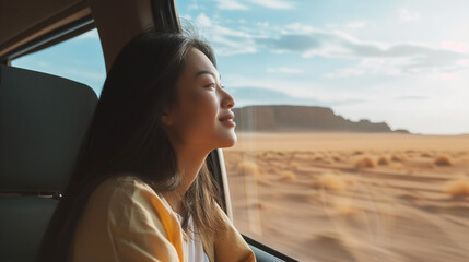 Asian woman on road, enjoying window view of nature and traveling holiday road trip - obrazy, fototapety, plakaty