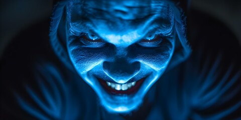 An eerie close-up: a frightening face emerges from the darkness with a sinister smile. Concept Horror, Dark, Close-Up, Sinister Smile, Eerie