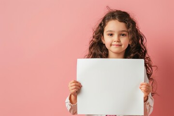 Young girl holding blank white paper on pink background space for text