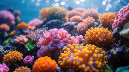 a close up of a bunch of corals with water droplets on the top and bottom of the corals.