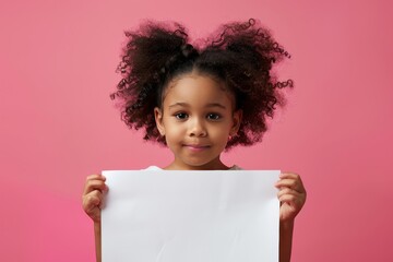 Young black girl holding blank white paper on pink background