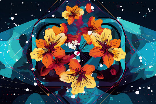 Surreal colorful flowers in space, digital art, vibrant colors,Minimalist vector art