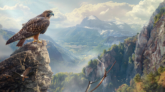 A regal hawk perched on a cliff, its keen eyes scanning the surroundings in a dramatic mountainous landscape.