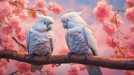 Cockatoo couple sitting on a branch with pink sakura background