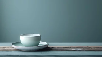 Foto op Plexiglas  a cup and saucer sitting on top of a wooden table in front of a gray and teal wall. © Ilona