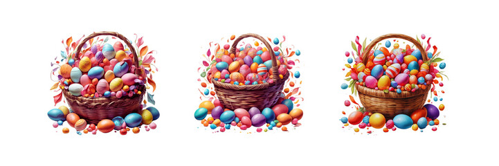 Set of A vibrant illustration of a basket overflowing with colorful Easter eggs and candy, illustration, isolated over on transparent white background