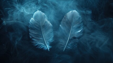 a couple of feathers sitting on top of a blue smoke filled wall next to a black background with smoke coming out of it.
