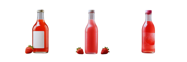 Set of A pink bottle with a strawberry juice, illustration, isolated over on transparent white background