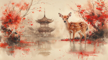 a painting of a deer standing in front of a pagoda with red paint splatters on it's walls.