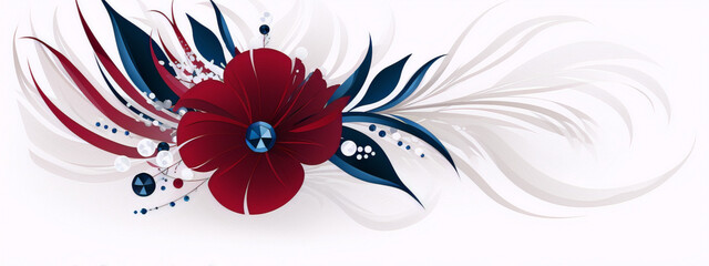 Red and blue flower with dew drops and leaves on a white background,Minimalist vector art