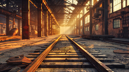 Industrial Railway at Sunset, Steel Tracks and Locomotives, Concept of Travel and Cargo Transportation - obrazy, fototapety, plakaty