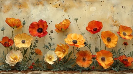 a painting of orange and white flowers against a yellow and white wall with green leaves on the bottom of the flowers.