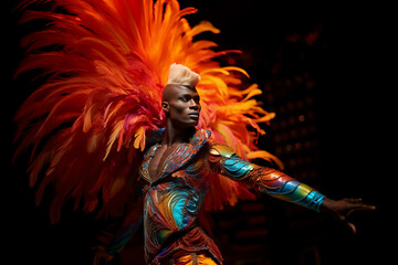 black-skinned African LGBTQ+ dons a stunning cabaret ensemble, illuminated by the vibrant hues of studio lighting, commanding attention and admiration