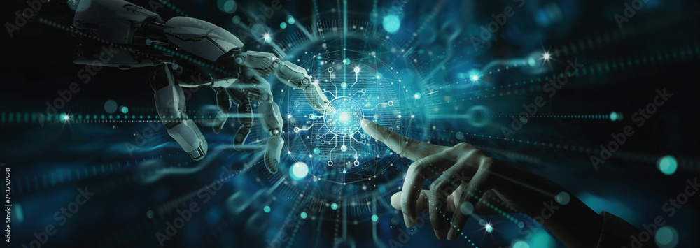 Fototapete AI powered development machine learning concept Dynamic hand of robot  human touching on big data network connection Science and artificial intelligence technology, innovation  futuristic background.