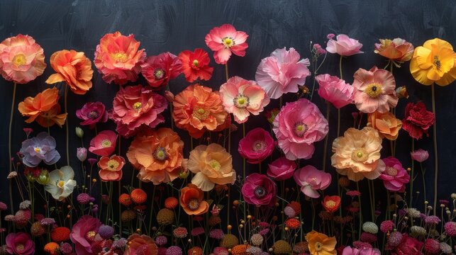 a bunch of flowers that are next to each other in front of a black wall that has a black background.