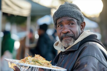 Portrait of an African-american homeless man taking free food at a charity food distribution shelter