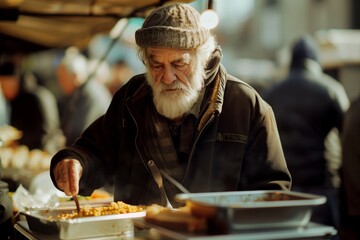 Portrait of a homeless man taking free food at a charity food distribution shelter - obrazy, fototapety, plakaty